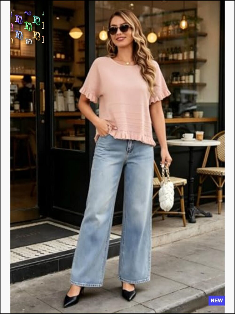 Oversized Knit Cropped Sweater Short Sleeve Crewneck Ruffle Hem Blouse - Picture 2 of 7